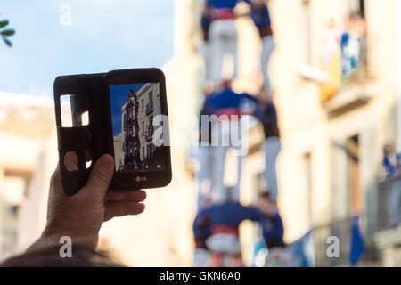 Ein Castell-Wettbewerb während der Festa de Gracia, Barcelona Stockfoto