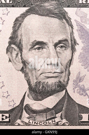 US-Präsident Abraham Lincoln Portrait auf fünf Dollar Bill Makro Stockfoto