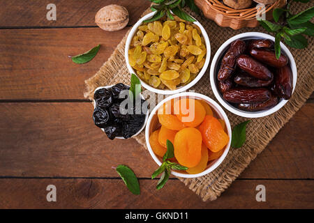 Mischen Sie getrocknete Früchte (Dattelpalme Früchten, Pflaumen, getrocknete Aprikosen, Rosinen) und Nüssen. Ramadan (Ramazan) Essen. Stockfoto