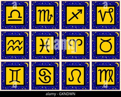 quadratische Horoskop Tierkreiszeichen Quadrate Schicksal Indikation schicksalhaften blau optional Modellentwurf Stock Vektor