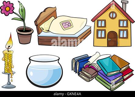 Hausbau-Blume Pflanze Bett Kerze Abbildung Bücher Cartoon Hausbau Kunst Haushalt Stock Vektor