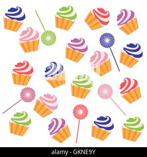 Schönes Muster mit bunten Cupcakes und Lutscher auf weißem Hintergrund Stock Vektor