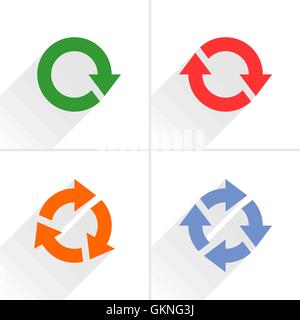 4 Farbe Pfeil Schleife, refresh, reload, Drehsymbol. Volume 03. Flache Symbol mit grauen lange Schatten auf weißem Hintergrund. Stock Vektor
