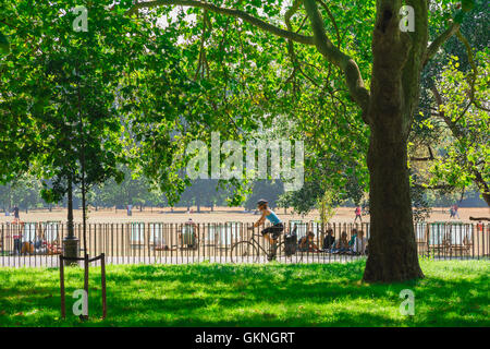Radfahren in London Park, Blick auf einen Sommernachmittag eines Radfahrers, der durch Hyde Park in London, England, Großbritannien, Stockfoto