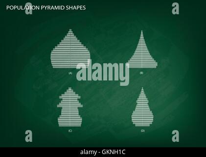 Bevölkerung und Demografie, Illustration von 4 Arten von Bevölkerung Pyramiden Diagramm oder Altersstruktur auf Tafel Hintergrund grafisch darstellen. Stock Vektor