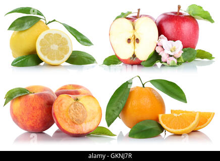 Obst Apfel orange Pfirsich Äpfel Orangen Sammlung isoliert auf weißem Hintergrund Stockfoto