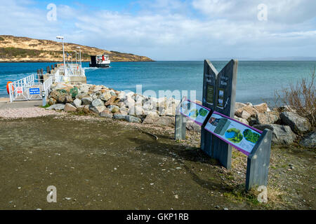 Informationstafeln an der Fähranlegestelle am Loch Scresort, Kinloch, Isle of Rum, Inneren Hebriden, Schottland, Vereinigtes Königreich Stockfoto