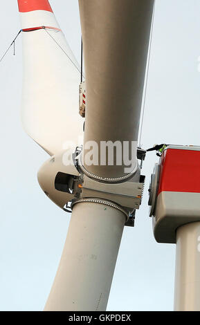 Cheinitz, Deutschland. 18. August 2016. Monteure auf 139 Meter hohen Maschinenhaus einer Wind-Anlage stehen und montieren die sogenannten Star der vormontierten Stern, bestehend aus drei Flügeln, bestehend aus drei Flügeln und die Drehscheibe in Cheinitz, Deutschland, 18. August 2016. Die Rotorblätter durch Betreiber Wpd haben einen Durchmesser von 120 Metern. Die 2,8 Megawatt-Anlage ist die erste auf den Windpark. Vier zusätzliche diejenigen sollen folgen. Foto: Peter Gercke/ZB/Dpa/Alamy Live News Stockfoto