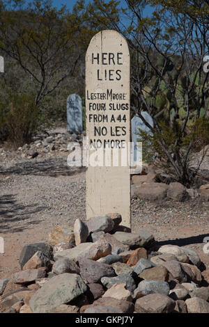 Hier liegt Lester Moore auf dem Boot Hill Cemetery in Tombstone, Arizona Stockfoto