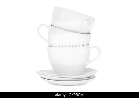 Weiße Tassen und Untertassen, 3D-Rendering isolierten auf weißen Hintergrund Stockfoto