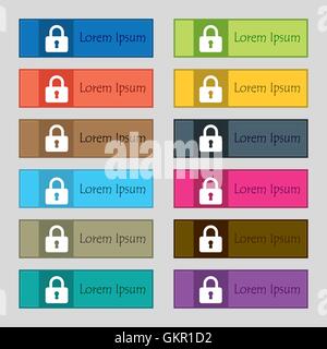 Pad Lock Symbol Zeichen. Satz von zwölf rechteckigen, bunte, schöne, qualitativ hochwertige Buttons für die Website. Vektor Stock Vektor