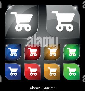 Shopping Warenkorb Symbol Zeichen. Satz von zehn bunte Knöpfe mit Blendung. Vektor Stock Vektor