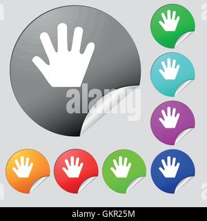 Hand-Symbol Zeichen. Satz von acht Multi farbige Runde Buttons, Aufkleber. Vektor Stock Vektor