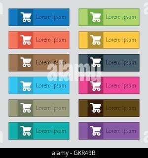 Shopping Warenkorb Symbol Zeichen. Satz von zwölf rechteckigen, bunte, schöne, qualitativ hochwertige Buttons für die Website. Vektor Stock Vektor