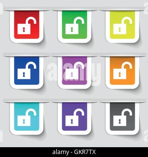 offenes Schloss Symbol Zeichen. Reihe von bunten moderne Etiketten für Ihr Design. Vektor Stock Vektor