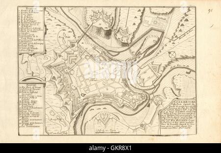 Luxemburg. Plan der Stadt & Befestigungsanlagen. DE FER, 1705 Antike Landkarte Stockfoto