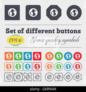 Globus, Weltkarte Geographie Symbol Zeichen. Große Reihe von bunten, vielfältigen und qualitativ hochwertigen Tasten. Vektor Stock Vektor