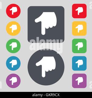 zeigenden Hand Symbol Zeichen. Ein Satz von 12 farbige Tasten. Flaches Design. Vektor Stock Vektor