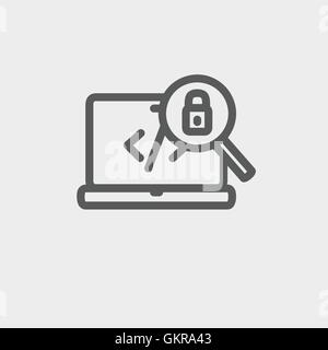 Laptop und Lupe auf der Suche nach Sicherheit Schlosssymbol dünne Linie Stock Vektor