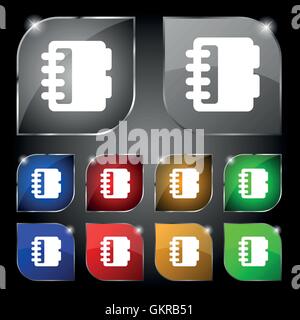 Notizblock, Kalender Symbol Zeichen. Satz von zehn bunte Knöpfe mit Blendung. Vektor Stock Vektor