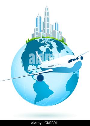 Earth-Symbol mit Business-Stadt und Airbus. Isoliert auf weißem Rücken Stock Vektor