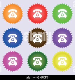 Retro-Telefon Mobilteil Symbol Zeichen. Eine Reihe von neun verschiedenen farbigen Etiketten. Vektor Stock Vektor