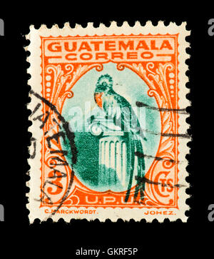 Briefmarke aus Guatemala Darstellung einen Quetzal. Stockfoto