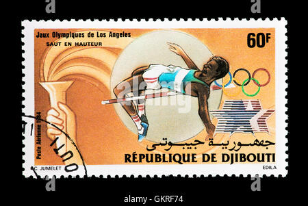 Briefmarke aus Dschibuti Darstellung ein Hochspringer, ausgestellt für den Olympischen Spielen 1984 in Los Angeles, Kalifornien. Stockfoto