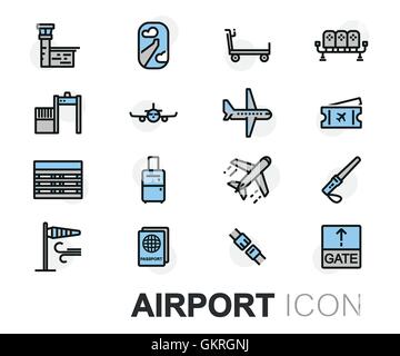 Vektor-flache Linie Flughafen Icons set auf weißem Hintergrund Stock Vektor