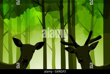weiblicher Baum Tier Säugetier Holz wilde männliche maskuline Buck Abbildung Tierwelt Silhouette Kalb Hirsch Stock Vektor
