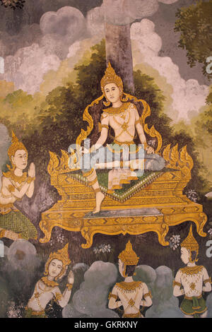 Eine Szene aus dem Leben des Buddha, Teil eines Wandbildes im Wat Phra, dass Doi Suthep Tempel Thailand Stockfoto