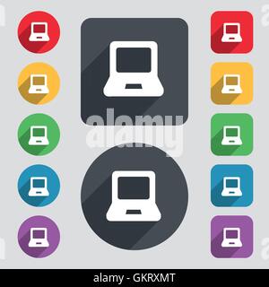 Laptop-Symbol Zeichen. Ein Satz von 12 farbige Tasten und einen langen Schatten. Flaches Design. Vektor Stock Vektor