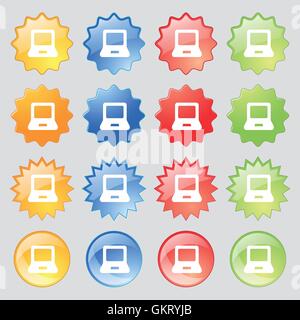 Laptop-Symbol Zeichen. Eingestellt von vierzehn bunten Glas-Buttons mit Platz für Text. Vektor Stock Vektor