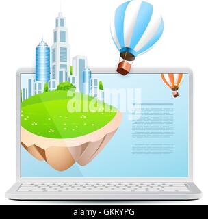 Laptop mit fliegende Insel und Hot Air Balloon isoliert auf weiss Stock Vektor