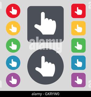 zeigenden Hand Symbol Zeichen. Ein Satz von 12 farbige Tasten. Flaches Design. Vektor Stock Vektor