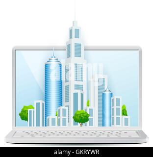 Moderne Stadt am Laptop-Symbol isoliert auf weißem Hintergrund. Vektor Stock Vektor