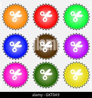 Schere Friseur, Schneider Symbol Zeichen. Eine Reihe von neun verschiedenen farbigen Etiketten. Vektor Stock Vektor