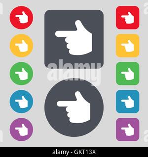 zeigenden Hand Symbol Zeichen. Ein Satz von 12 farbige Tasten. Flaches Design. Vektor Stock Vektor