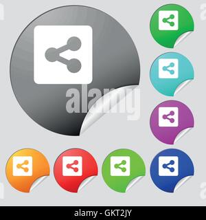 Symbol-Zeichen zu teilen. Satz von acht Multi farbige Runde Buttons, Aufkleber. Vektor Stock Vektor