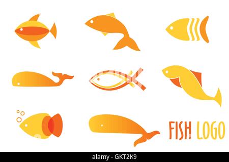 Vektor-Illustration von warmen Farben Goldene Fische. Abstrakte Fisch Logos für Meeresfrüchte-Restaurant oder Fisch-Shop eingestellt. Stock Vektor