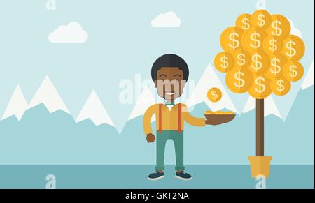 Erfolgreicher afrikanischer Geschäftsmann stehen beim Fang einer-Dollar-Münze aus dem Geldbaum. Stock Vektor