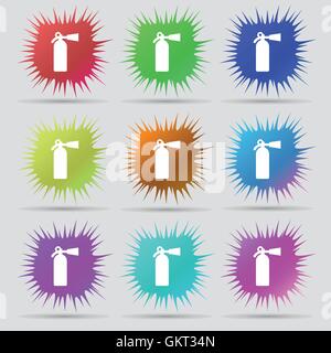 Feuerlöscher-Symbol Zeichen. Eine Reihe von neun original Nadel Buttons. Vektor Stock Vektor