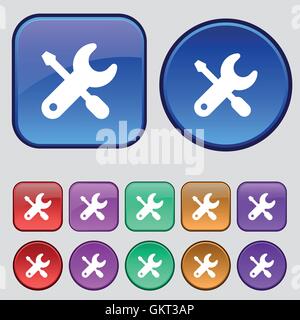 Schraubendreher, Schlüssel, Einstellungen-Symbol Zeichen. Eine Reihe von zwölf Vintage Knöpfe für Ihr Design. Vektor Stock Vektor