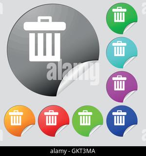 Recycle bin Symbol Zeichen. Satz von acht Multi farbige Runde Buttons, Aufkleber. Vektor Stock Vektor