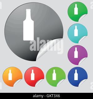 Flasche Symbol Zeichen. Satz von acht Multi farbige Runde Buttons, Aufkleber. Vektor Stock Vektor
