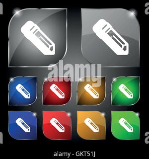 Bleistift-Symbol Zeichen. Satz von zehn bunte Knöpfe mit Blendung. Vektor Stock Vektor