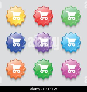 Shopping Warenkorb Symbol Zeichen. Symbol auf neun wellig bunten Knöpfen. Vektor Stock Vektor