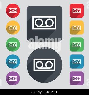 Audio-Kassette Symbol Zeichen. Ein Satz von 12 farbige Tasten und einen langen Schatten. Flaches Design. Vektor Stock Vektor