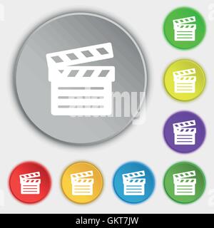 Kino Klappe Symbol Zeichen. Symbol auf fünf flache Schaltflächen. Vektor Stock Vektor