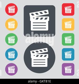 Kino Klappe Symbol Zeichen. Ein Satz von 12 farbige Tasten. Flaches Design. Vektor Stock Vektor